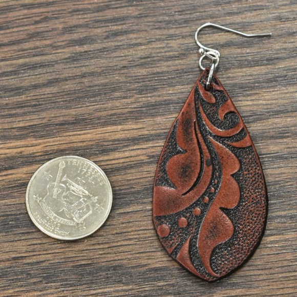Elongated Tooled Leather Earrings - Picture 3 of 4